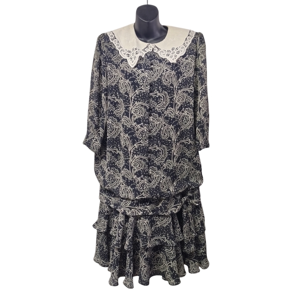 Vtg 80s Liz Roberts Layered Shimmer Side Bow Dress Wide Lace Collar Dress Sz M/L